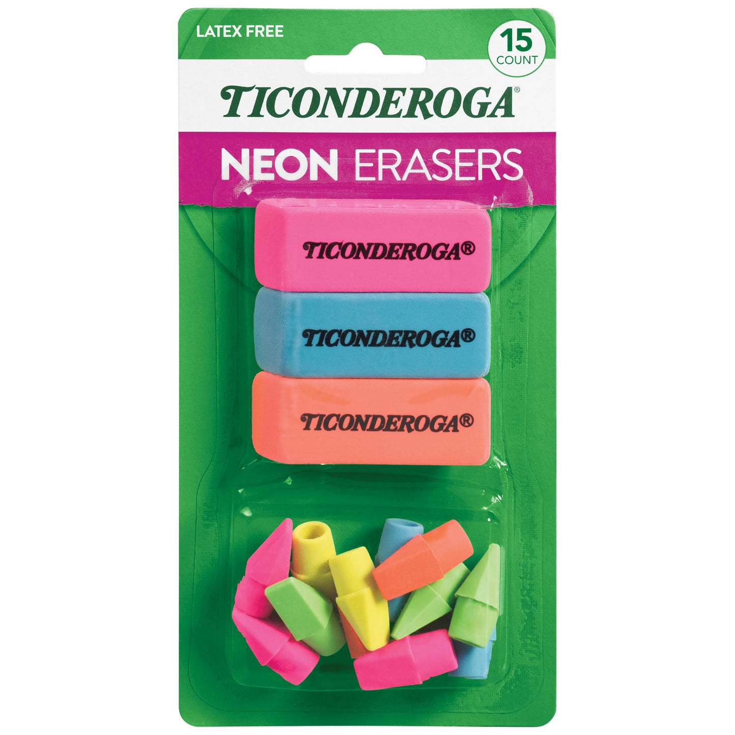 Ticonderoga Dixon Neon Erasers – 15-Piece Pencil Top & Hand-Held Set (38931) | Beveled, Latex-Free