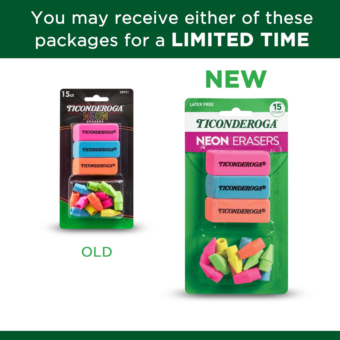 Ticonderoga Dixon Neon Erasers – 15-Piece Pencil Top & Hand-Held Set (38931) | Beveled, Latex-Free