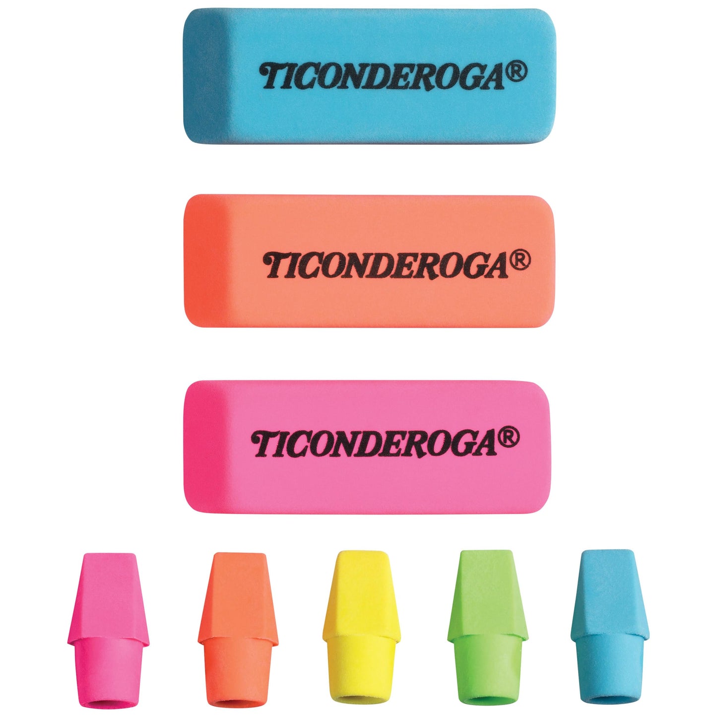 Ticonderoga Dixon Neon Erasers – 15-Piece Pencil Top & Hand-Held Set (38931) | Beveled, Latex-Free