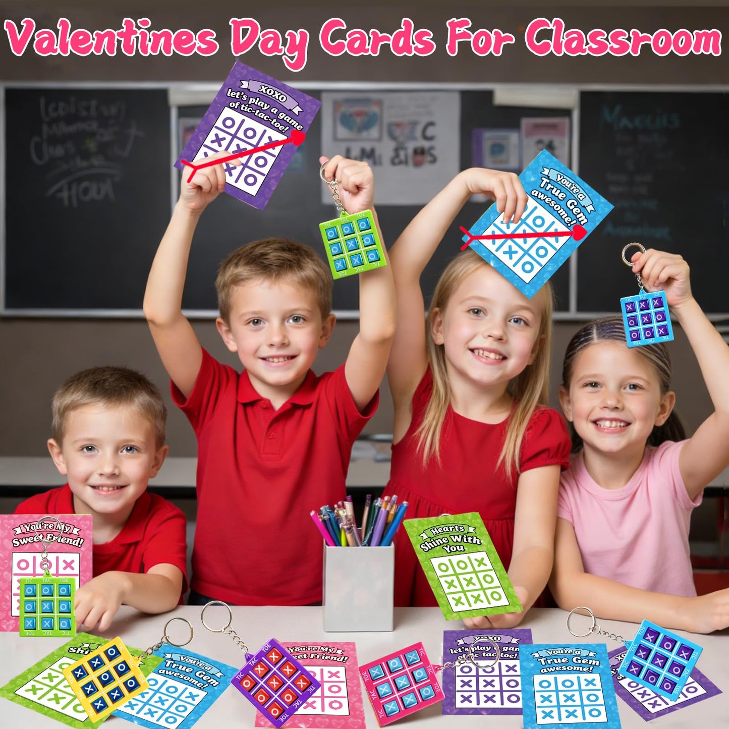 Tidesiok Valentines Day Cards for Kids – 24 Tic-Tac-Toe Keychains