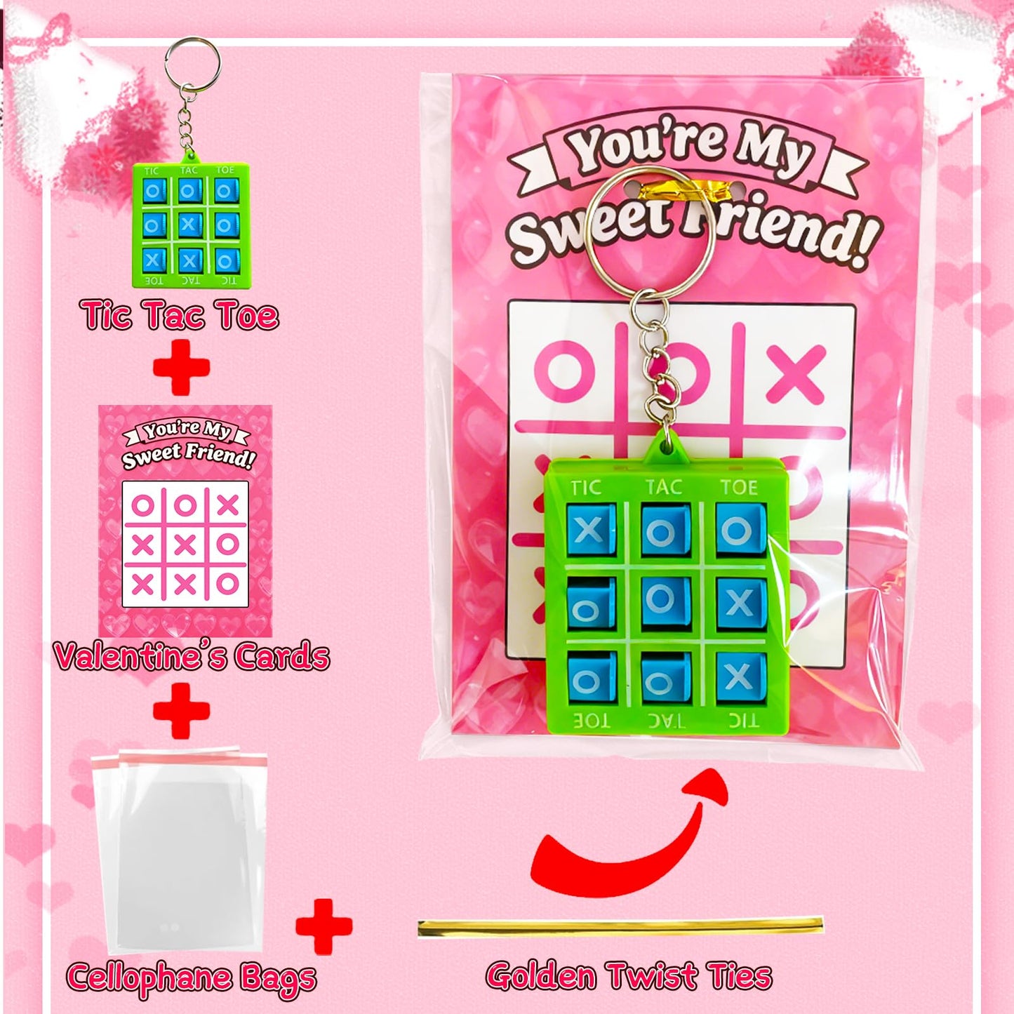 Tidesiok Valentines Day Cards for Kids – 24 Tic-Tac-Toe Keychains