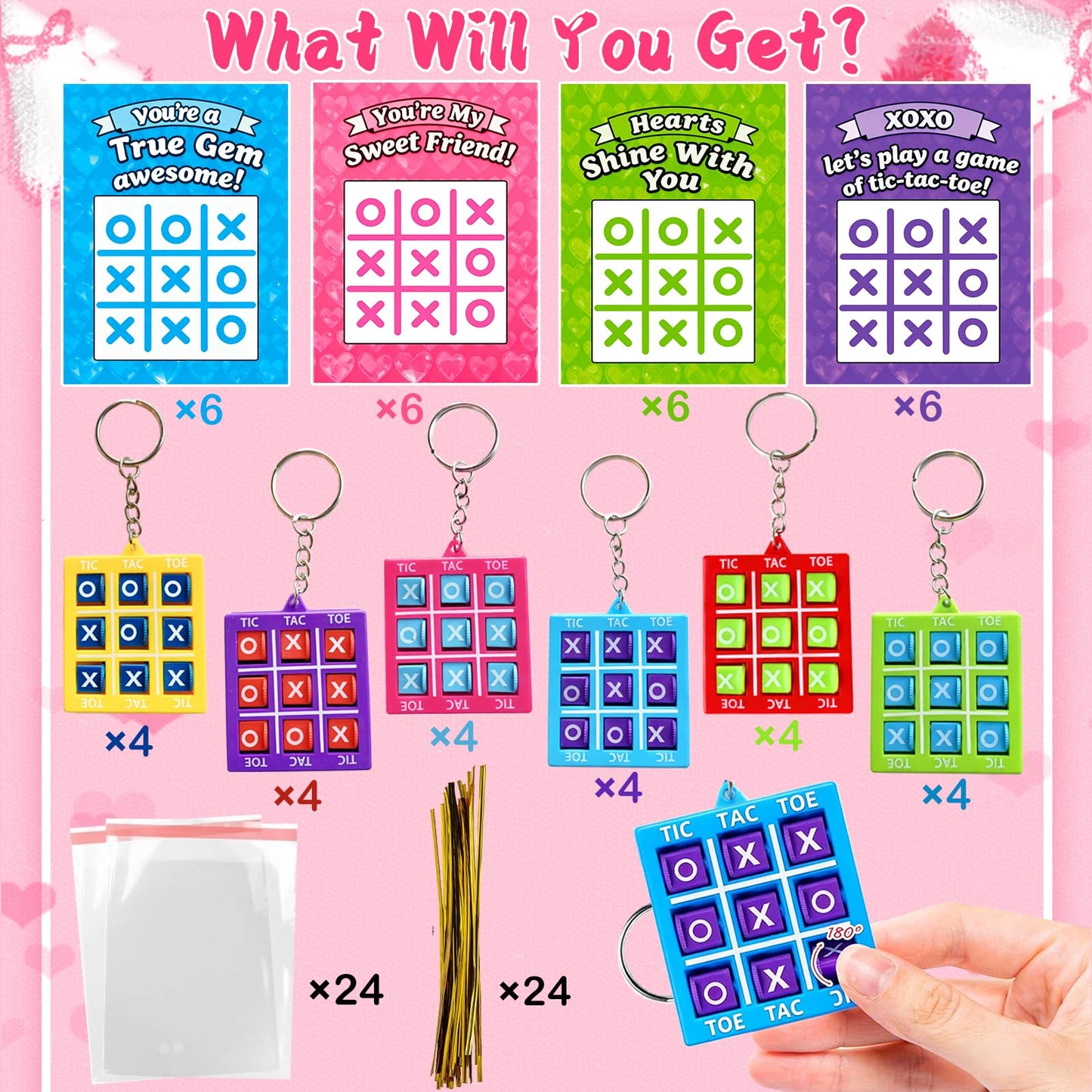 Tidesiok Valentines Day Cards for Kids – 24 Tic-Tac-Toe Keychains
