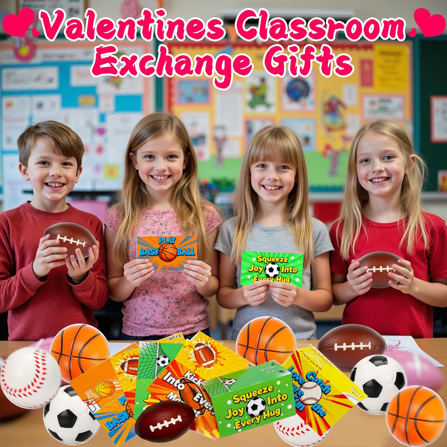 Tidesiok 24 Pack Sports Stress Balls & Valentines Cards – Classroom Gifts & Party Favors