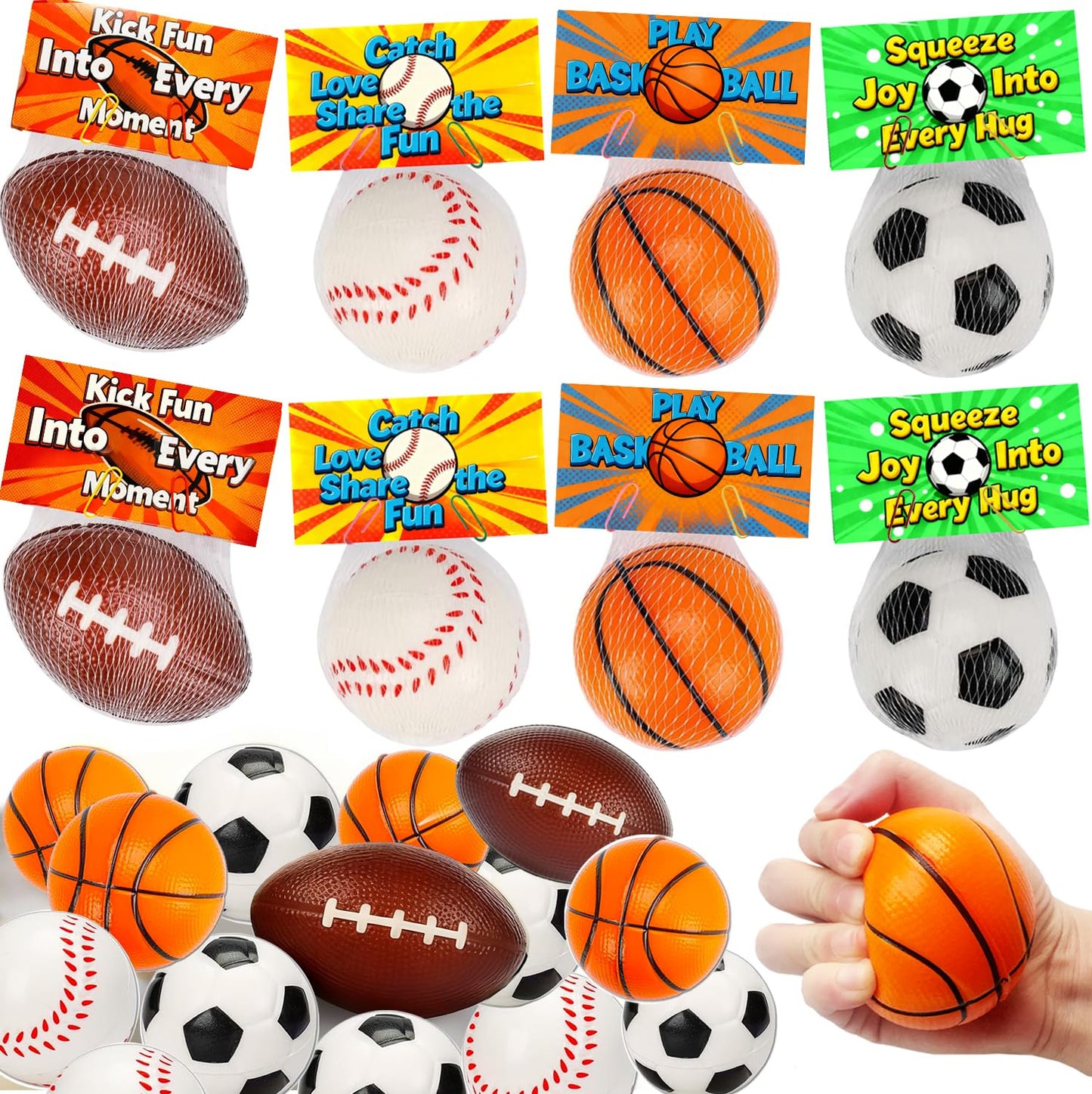 Tidesiok 24 Pack Sports Stress Balls & Valentines Cards – Classroom Gifts & Party Favors