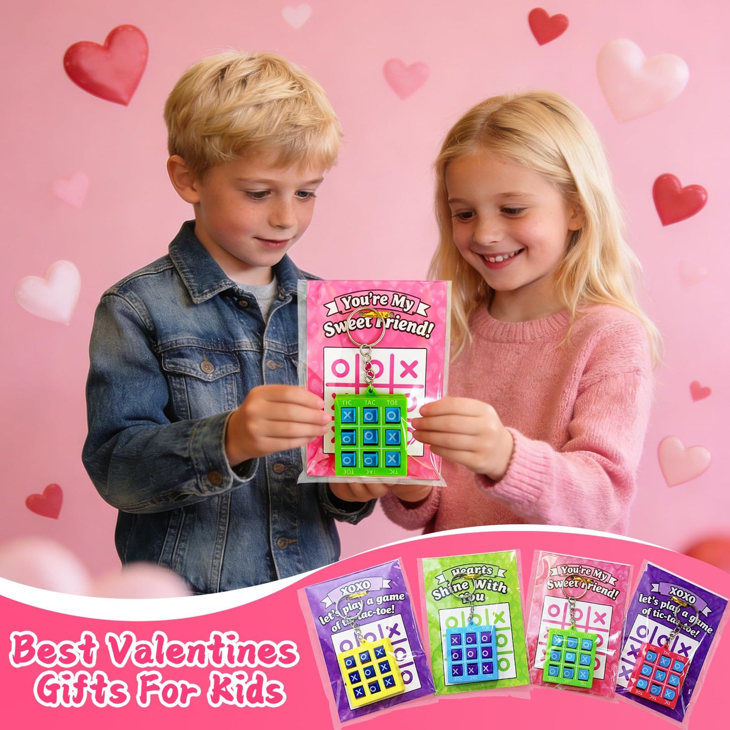 Tidesiok Valentines Day Cards for Kids – 24 Tic-Tac-Toe Keychains