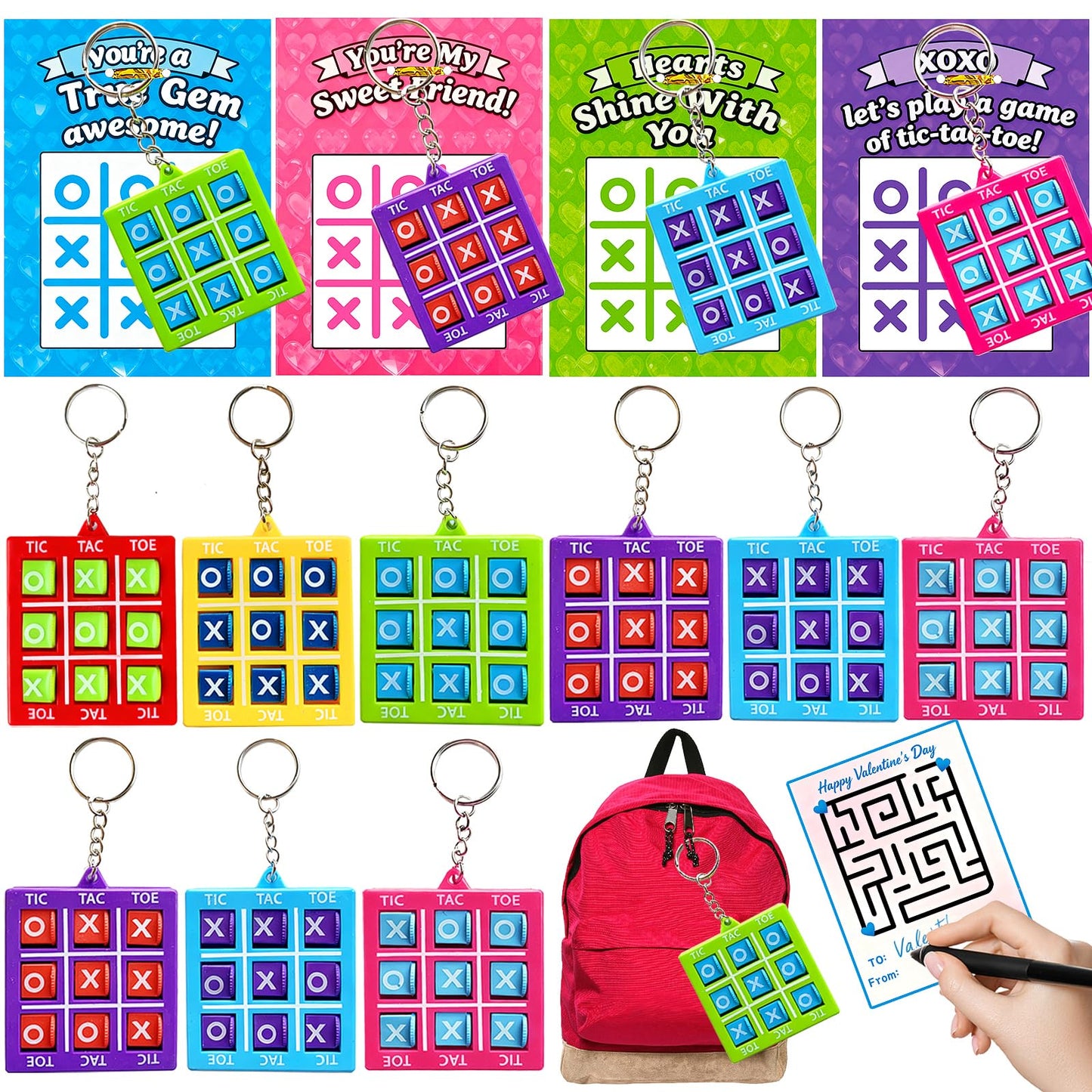 Tidesiok Valentines Day Cards for Kids – 24 Tic-Tac-Toe Keychains