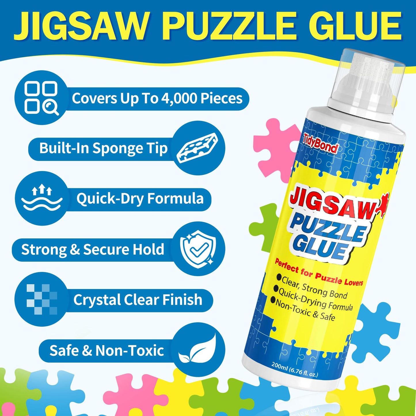 Tidybond Jigsaw Puzzle Glue with Sponge Tip & Squeegee – Clear, Fast-Drying Puzzle Sealer for 1000/3000/5000 Piece Puzzles (200ml)