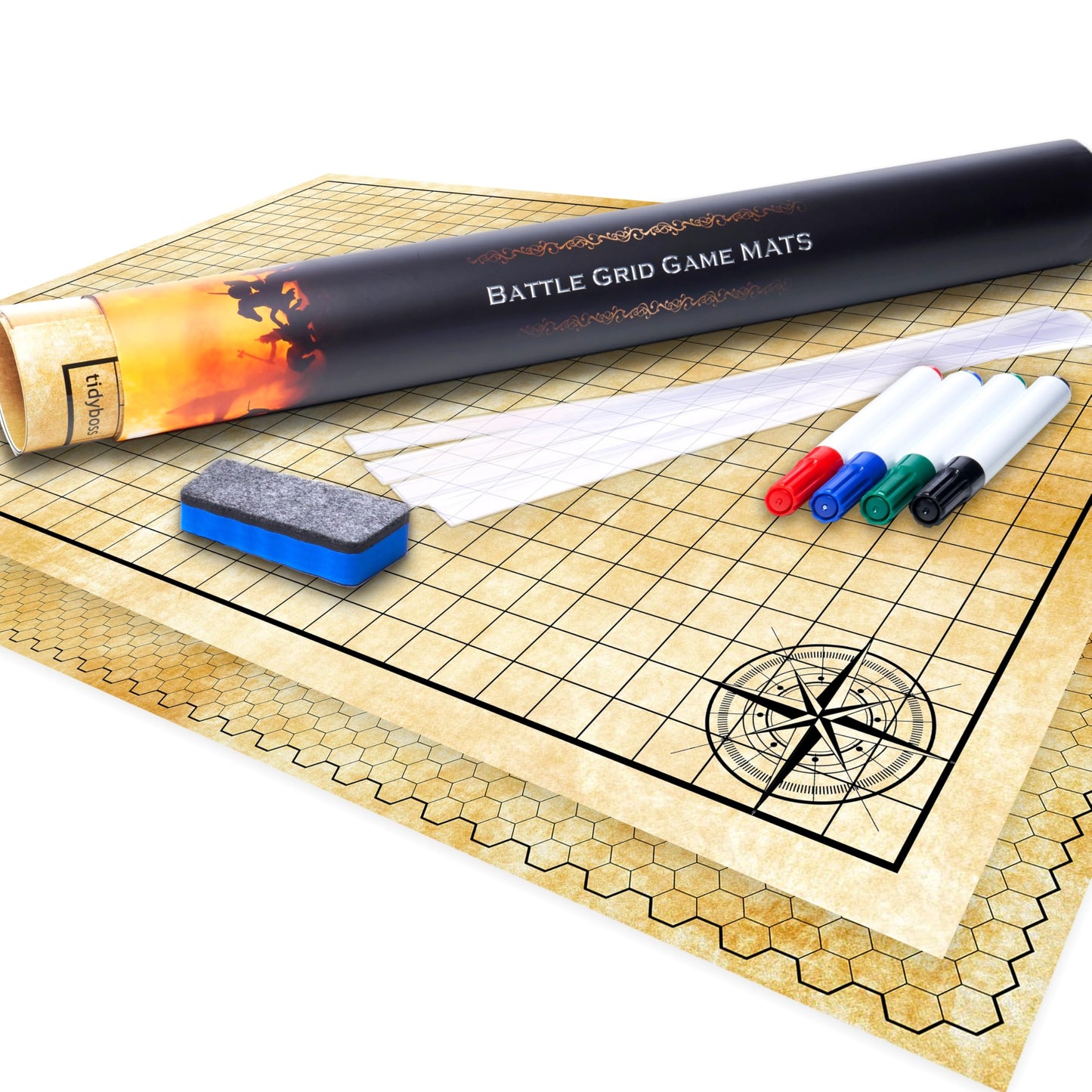 TIDYBOSS 36x48 DND Map: Double-Sided Dry Erase Battle Mat with Grids & Hexes | Starter Kit Included