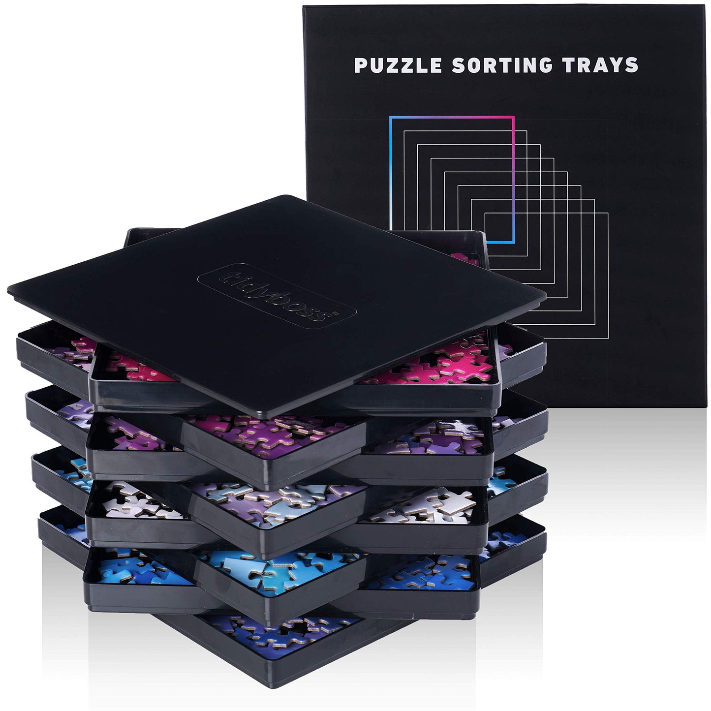 TIDYBOSS 8 Black Puzzle Sorting Trays with Lid - 10x10, Organizers for Puzzles Up to 2000 Pieces