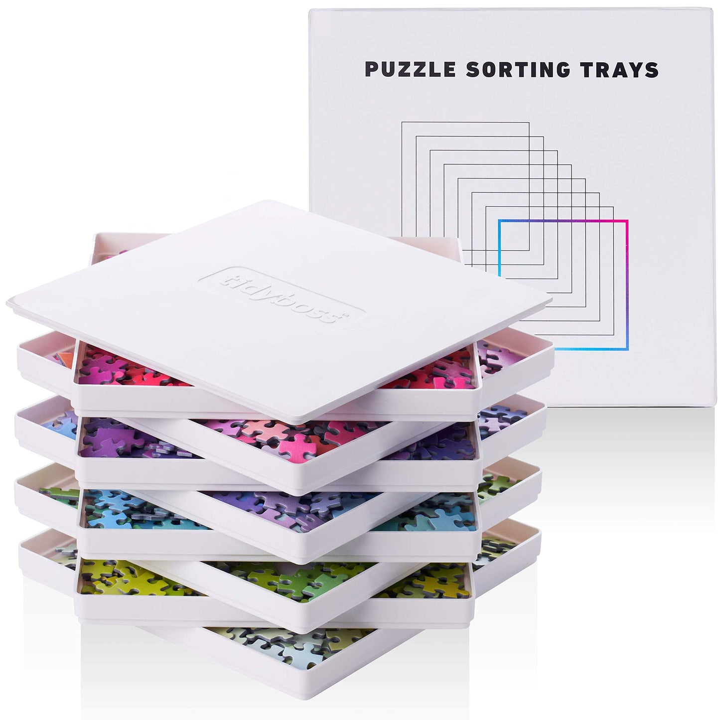 Tidyboss 8-Puzzle Sorting Trays with Lid, 10x10 | Portable Organizer for 1500–2000-Piece Puzzles
