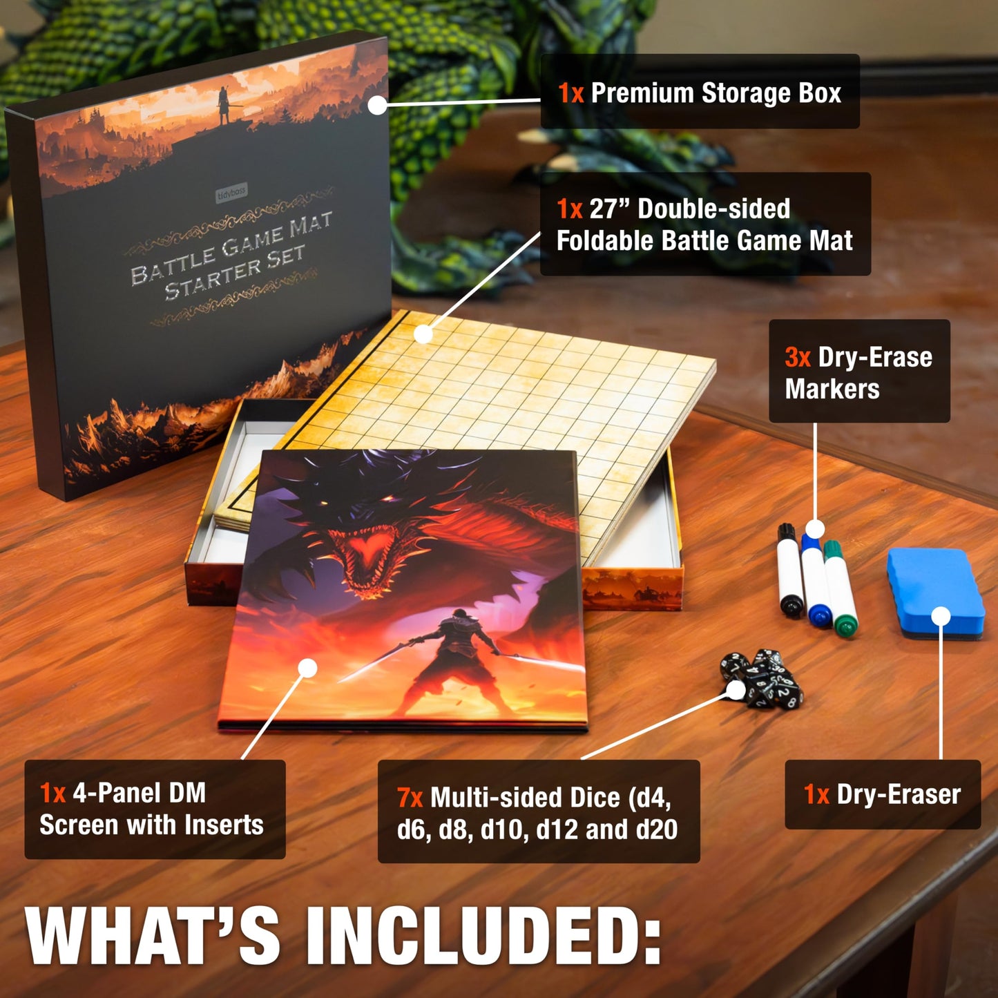 TIDYBOSS DND Foldable Battle Mats – 2 Grid Surfaces, DM Screen, Starter Kit