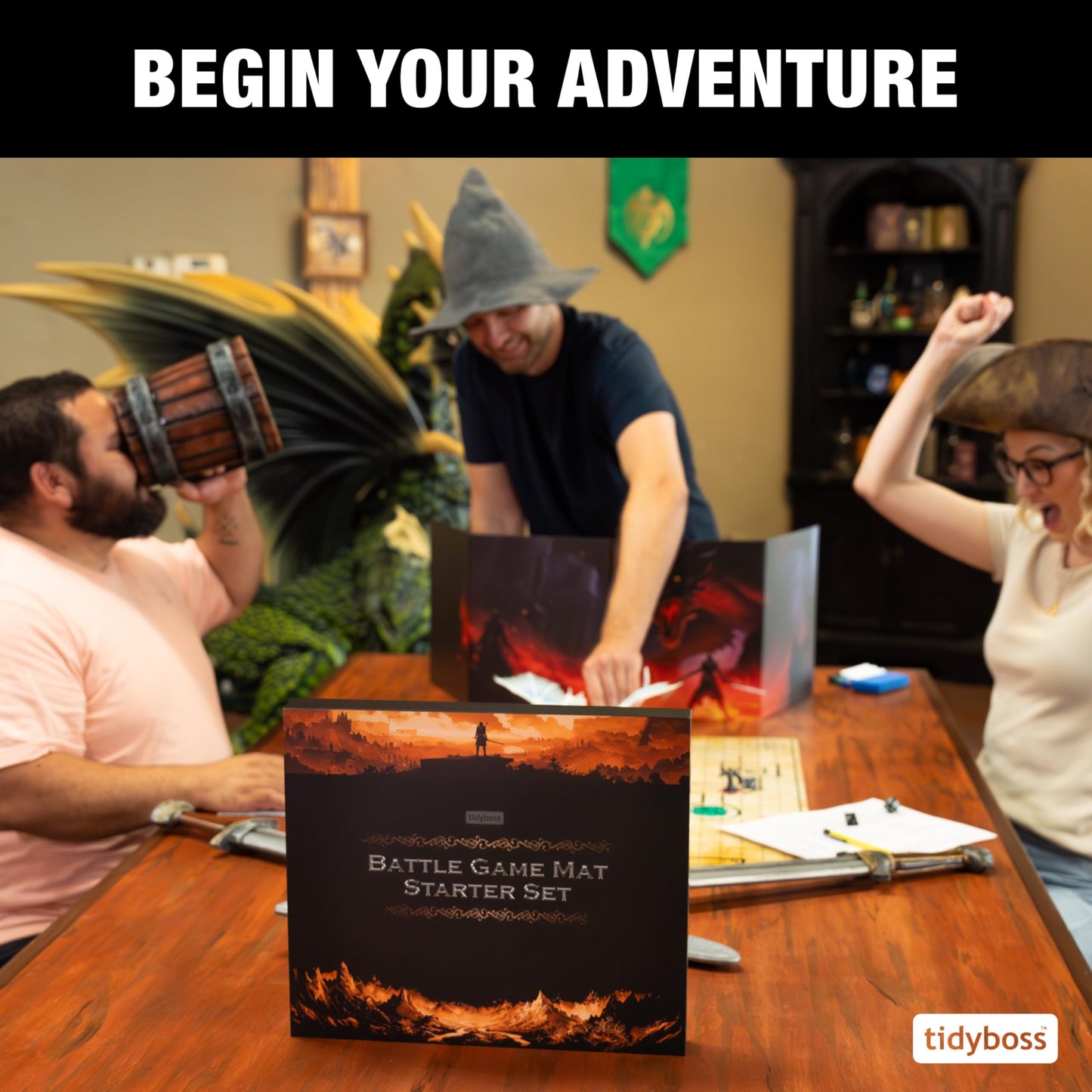 TIDYBOSS DND Foldable Battle Mats – 2 Grid Surfaces, DM Screen, Starter Kit