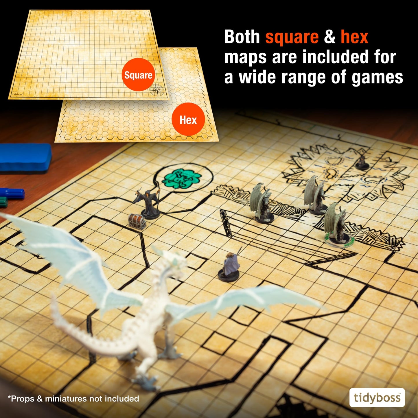 TIDYBOSS DND Foldable Battle Mats – 2 Grid Surfaces, DM Screen, Starter Kit