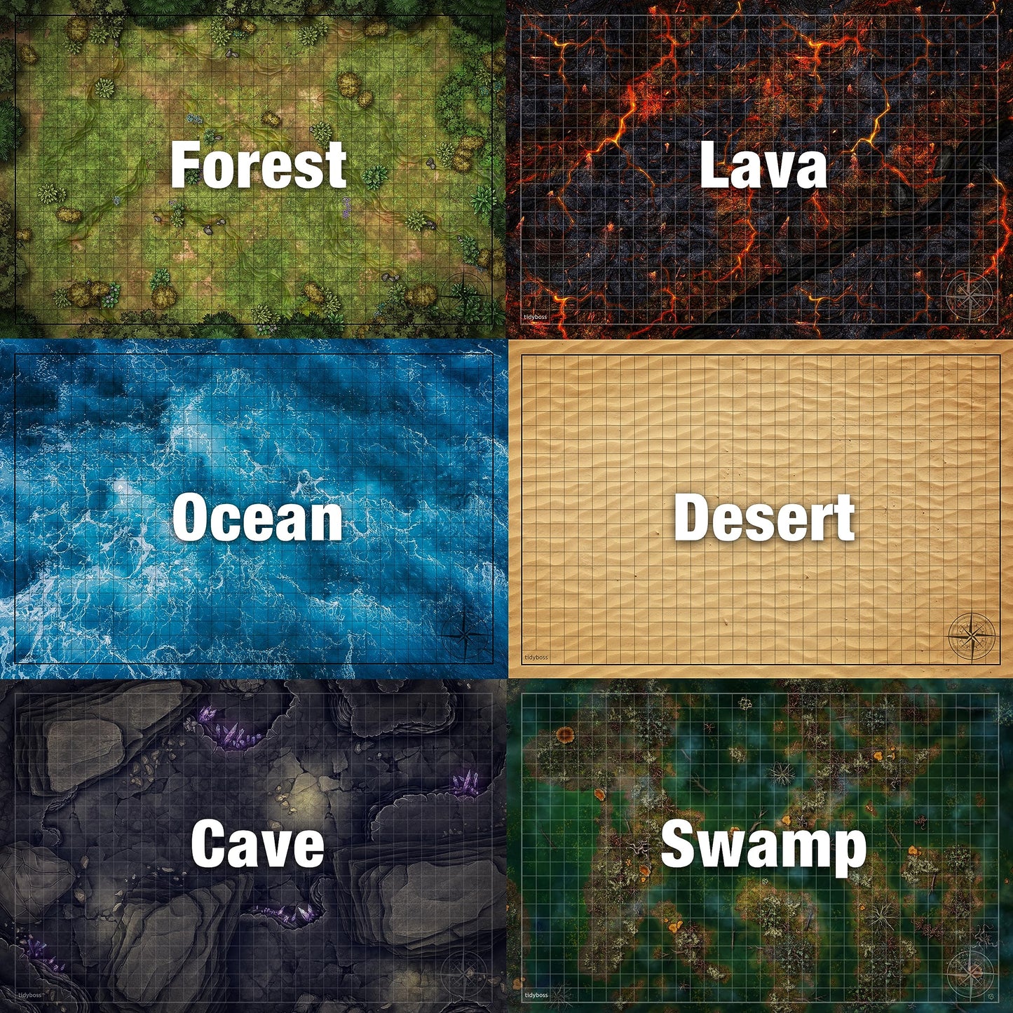 Tidyboss DND Expansion Pack: 3 Double-Sided 24x36 Battle Grids + 6 Terrains