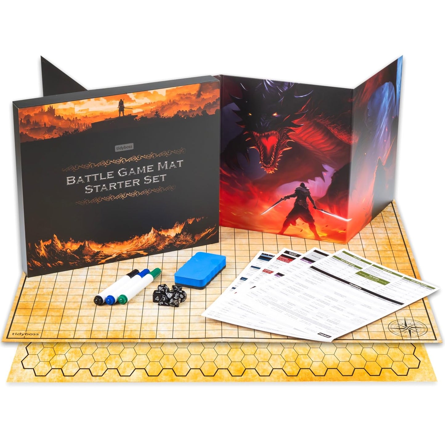 TIDYBOSS DND Foldable Battle Mats – 2 Grid Surfaces, DM Screen, Starter Kit