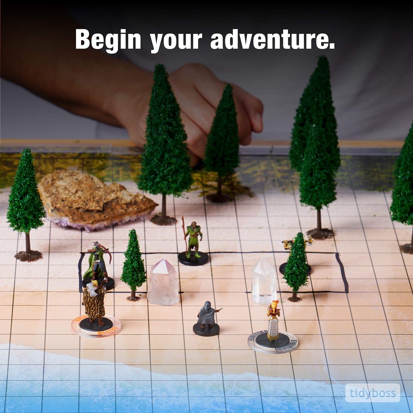 Tidyboss DND Starter Set: 3 Double-Sided 24x36 Grid Mats, 6 Terrains, Markers, Dice & Clips