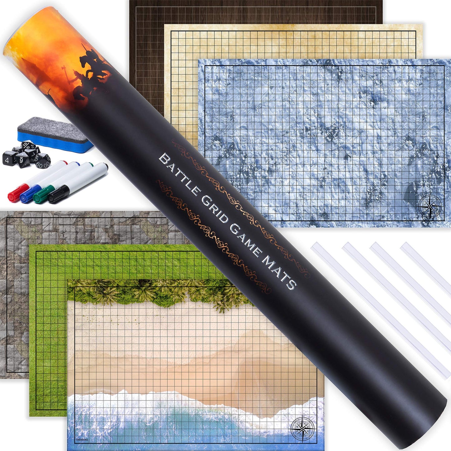 Tidyboss DND Starter Set: 3 Double-Sided 24x36 Grid Mats, 6 Terrains, Markers, Dice & Clips