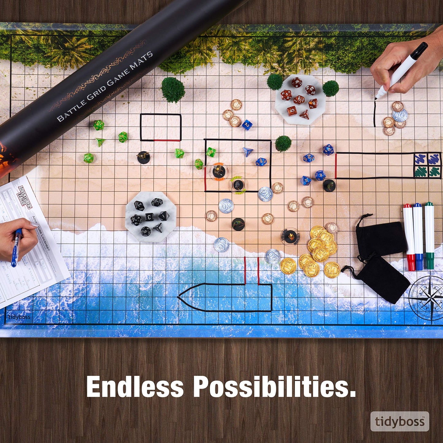 Tidyboss DND Starter Set: 3 Double-Sided 24x36 Grid Mats, 6 Terrains, Markers, Dice & Clips