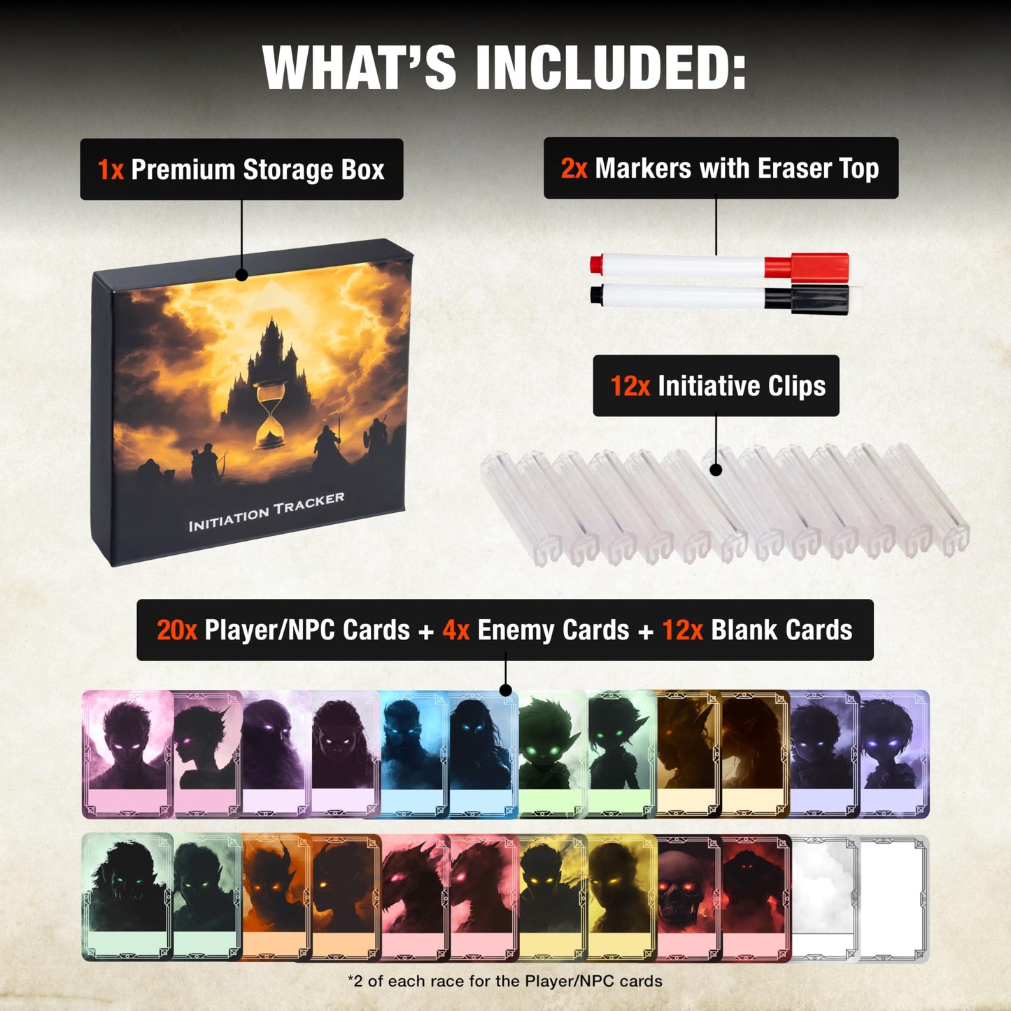 TIDYBOSS 50pcs Erasable DND Initiative Tracker | DM Screen Clips with Character & Monster Cards | TTRPG Accessories