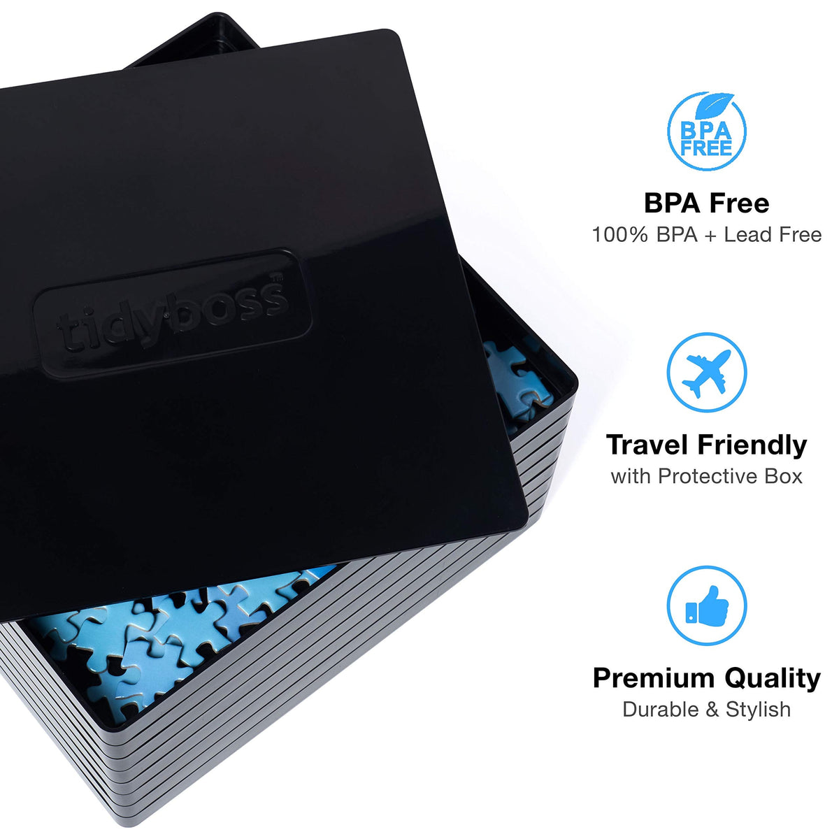 TIDYBOSS 8 Black Puzzle Sorting Trays with Lid - 10x10, Organizers for Puzzles Up to 2000 Pieces