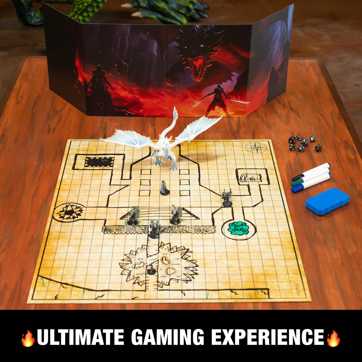 TIDYBOSS DND Foldable Battle Mats – 2 Grid Surfaces, DM Screen, Starter Kit