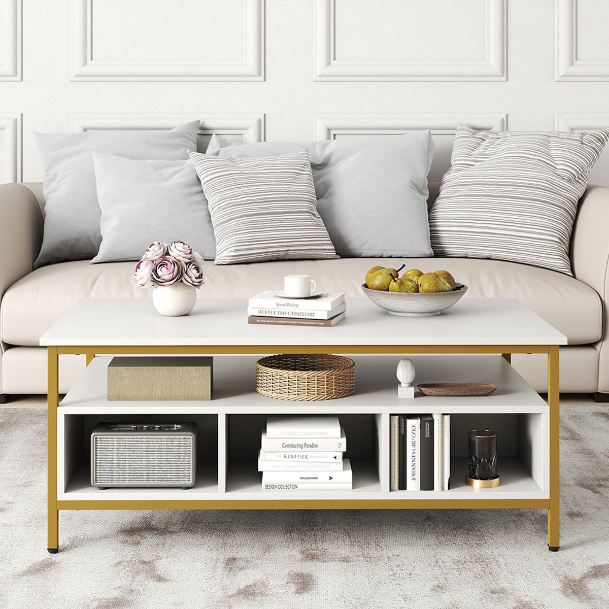 Industrial 3-Tier Coffee Table ith Open Shelf and 6 Compartments-White