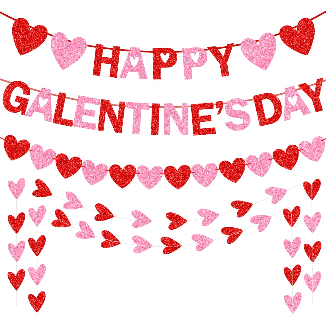 Tifeson Happy Galentine's Day Banner - Red Pink Glitter Heart Garland for Ladies & Girls Parties