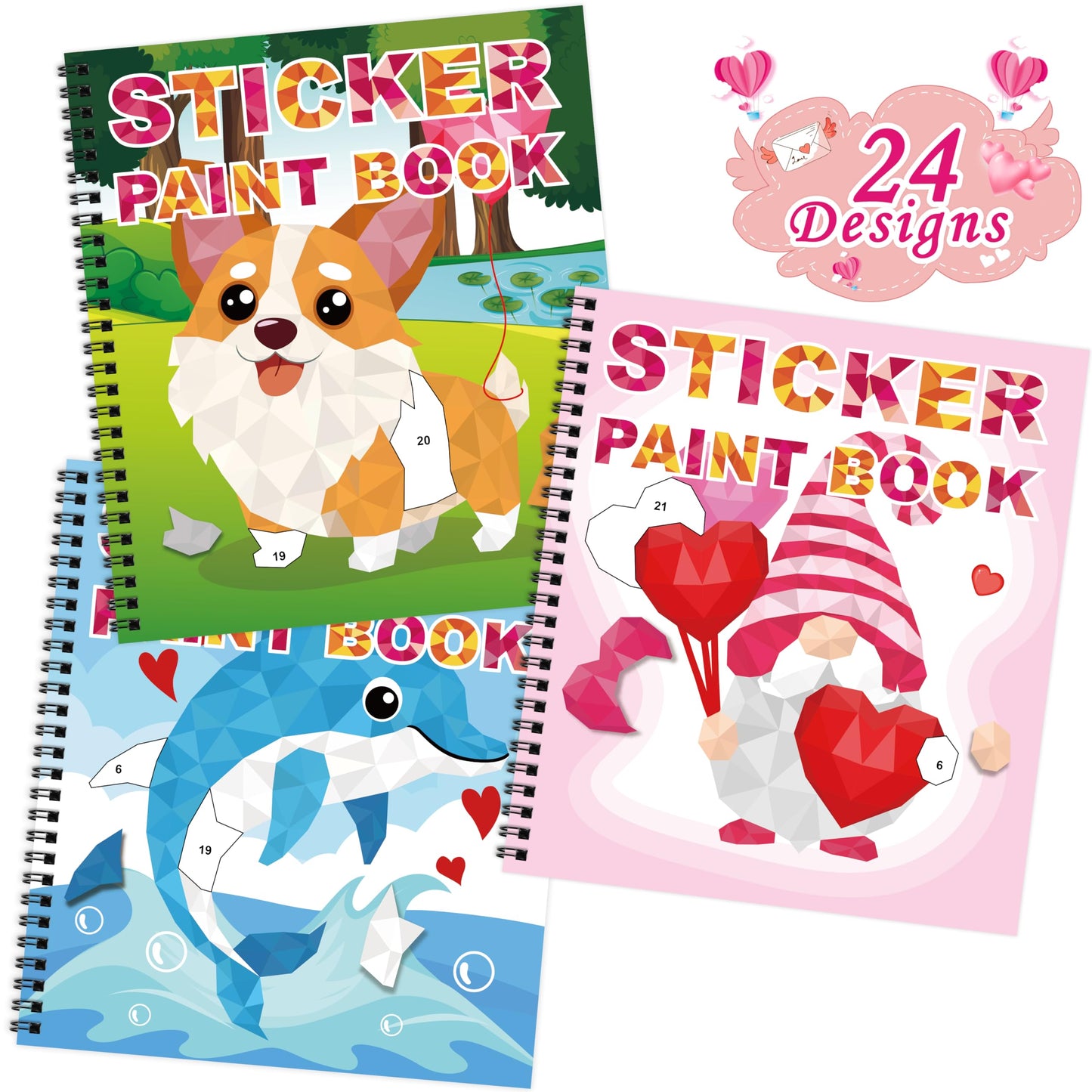Tifeson Valentines Day Stickers Paint Book 3-Pack – 24 Designs for Kids