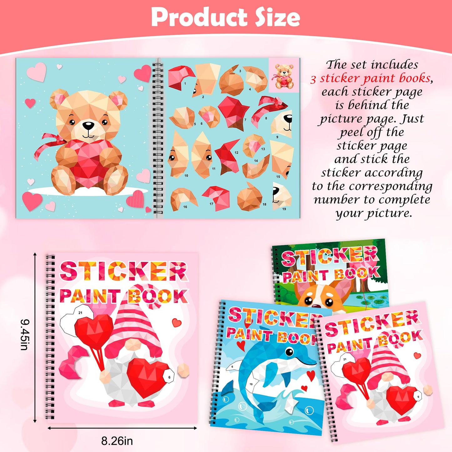 Tifeson Valentines Day Stickers Paint Book 3-Pack – 24 Designs for Kids