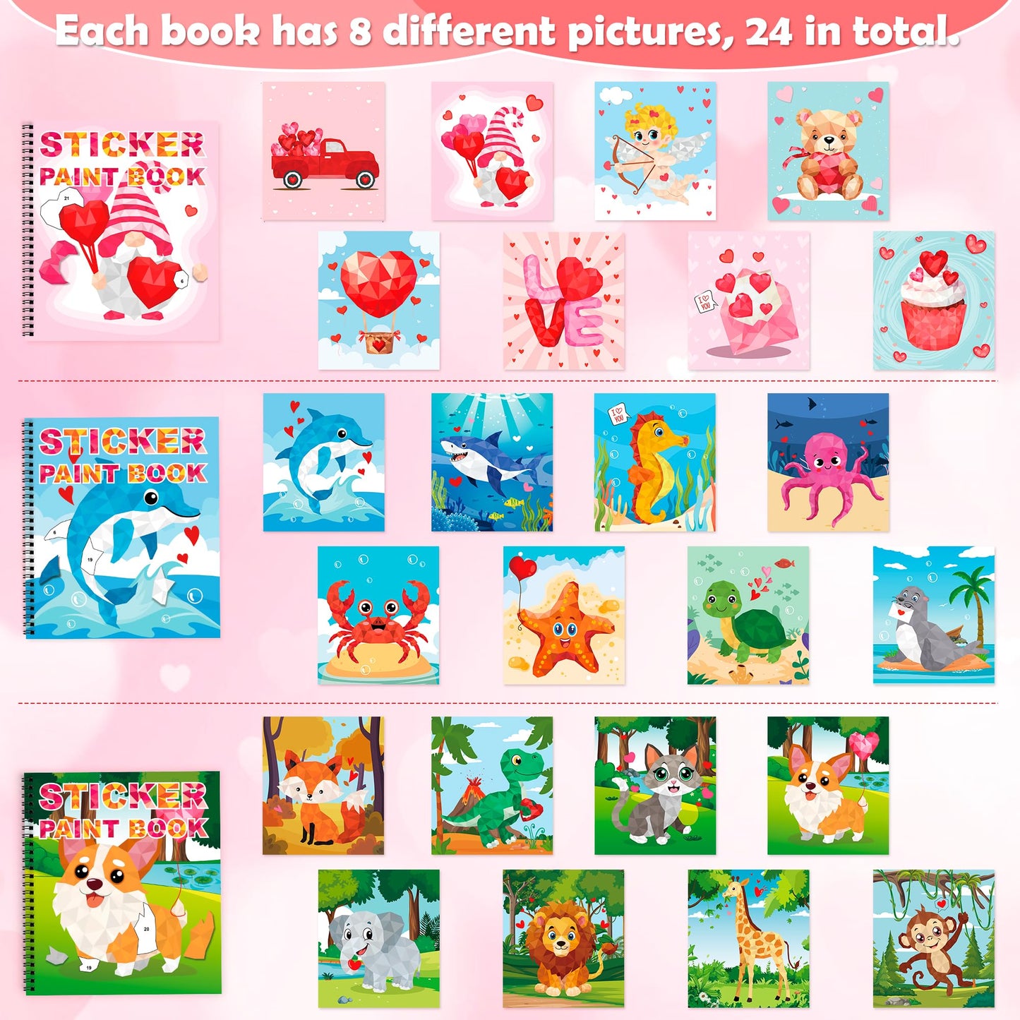 Tifeson Valentines Day Stickers Paint Book 3-Pack – 24 Designs for Kids