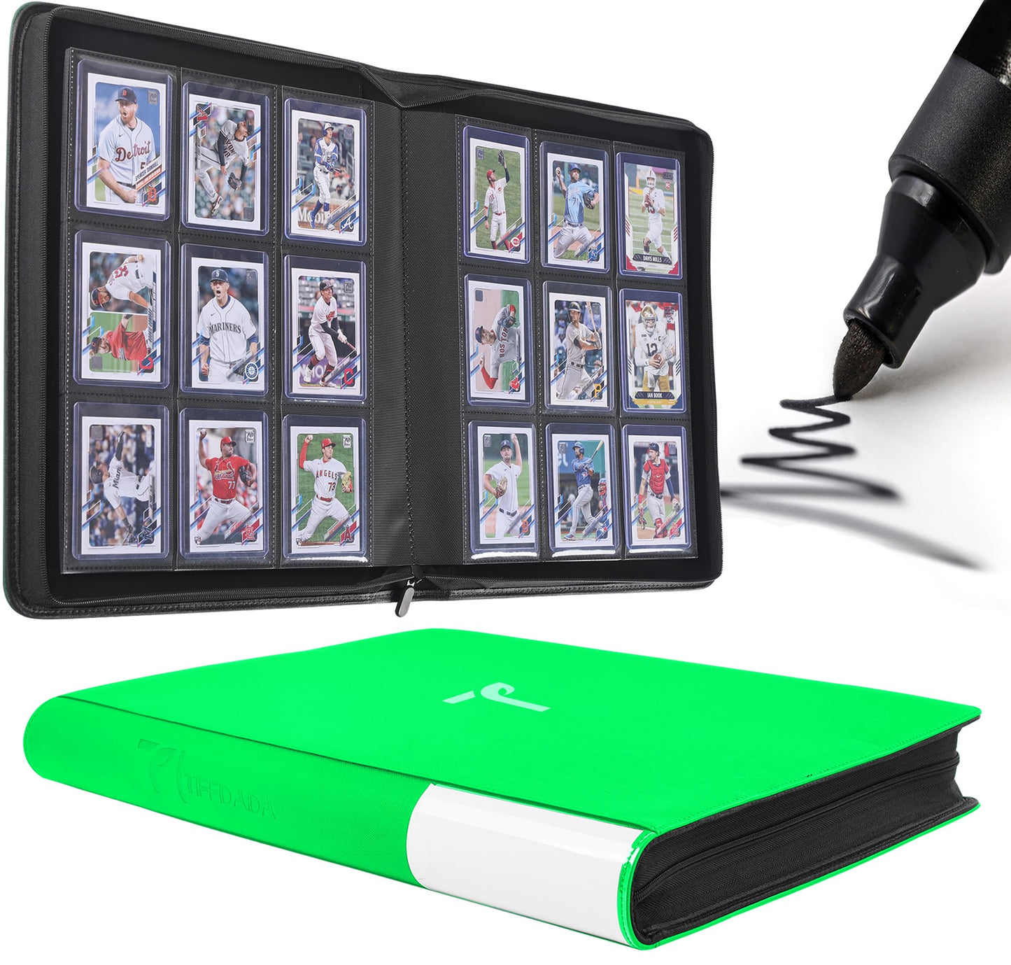 TIFFDADA Top Loader Binder for Cards – 9 Pocket, 360 Card Capacity, Zippered Side-Loading Binder for 3x4 Toploaders