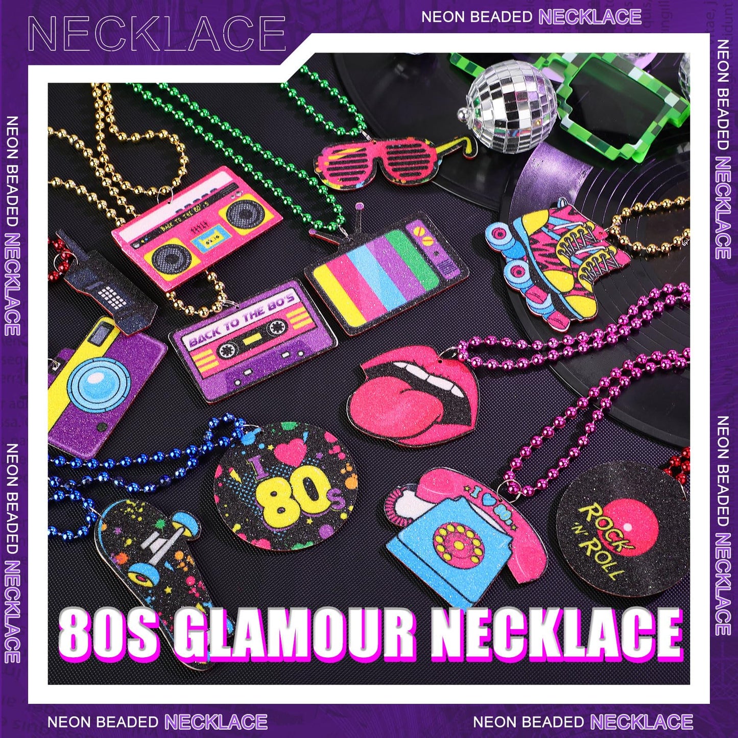 Tigeen 48 Pcs 80s Beaded Necklaces – Neon Colors, Retro Party Set, 12 Styles