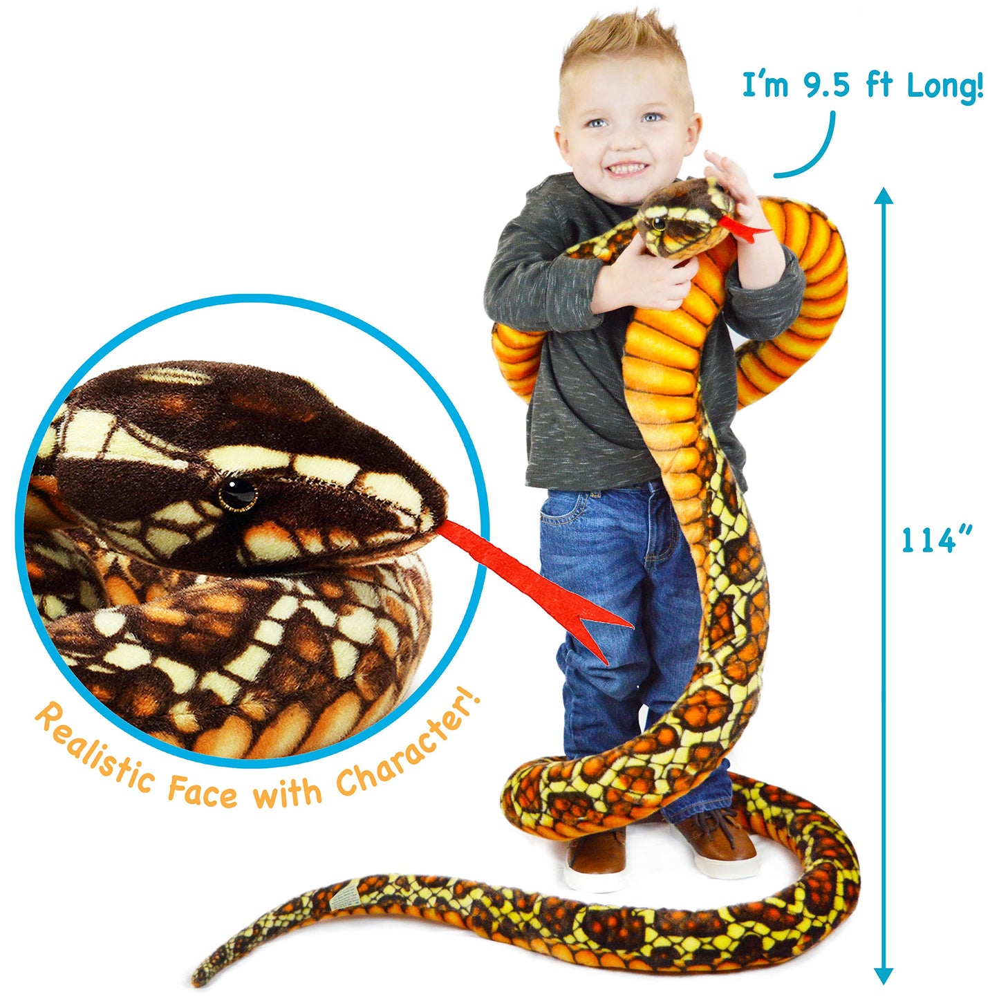 TigerHart Bernard The Brown Python – 9.5 ft Plush Snake | Safe, Huggable Toy