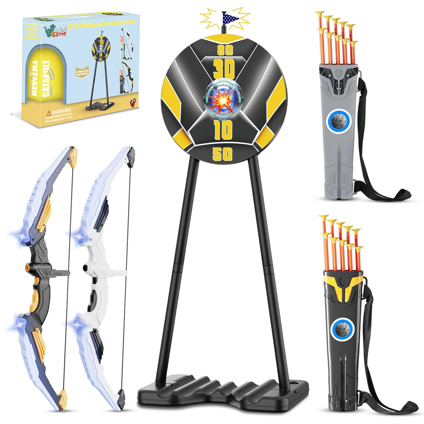 TIGTECGAME 2 Pack Bow and Arrow for Kids – LED Light Up Archery Set with 20 Suction Cup Arrows & 2 Quivers