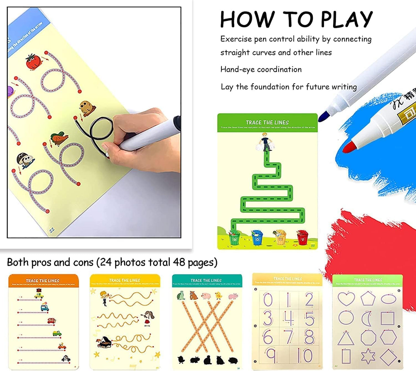 Tiiano Preschool Learning Activities for 2-4 Year Olds | 4 Dry Erase Markers Montessori Set