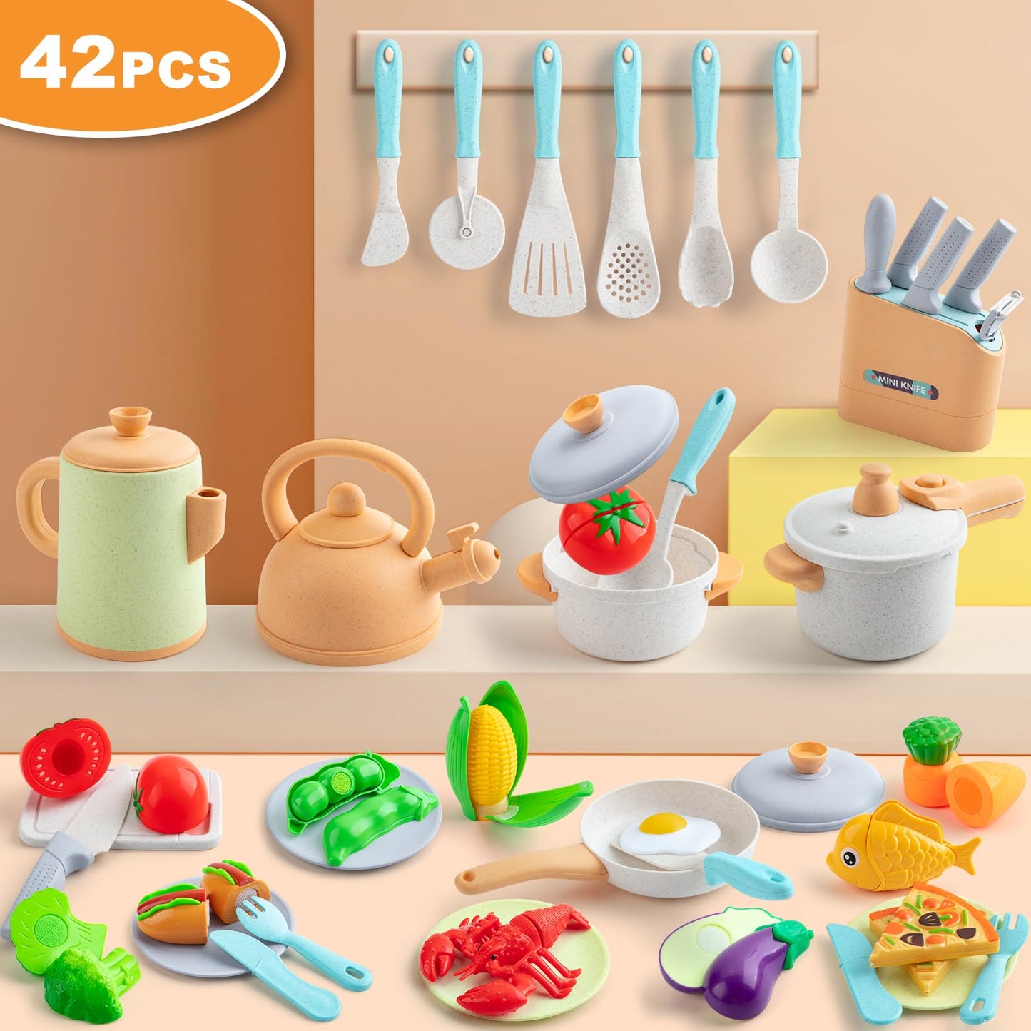 TIKJOYFUL Kids Play Kitchen Accessories – 42Pcs Pretend Playset with Pots, Pans & Utensils