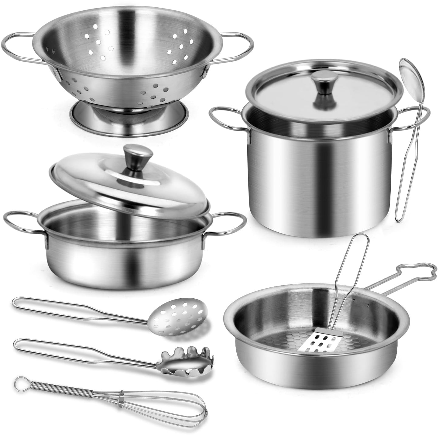 TikOnsYol 12Pcs Kids Pots and Pans Playset – Stainless Steel Pretend Kitchen Toys for Toddlers