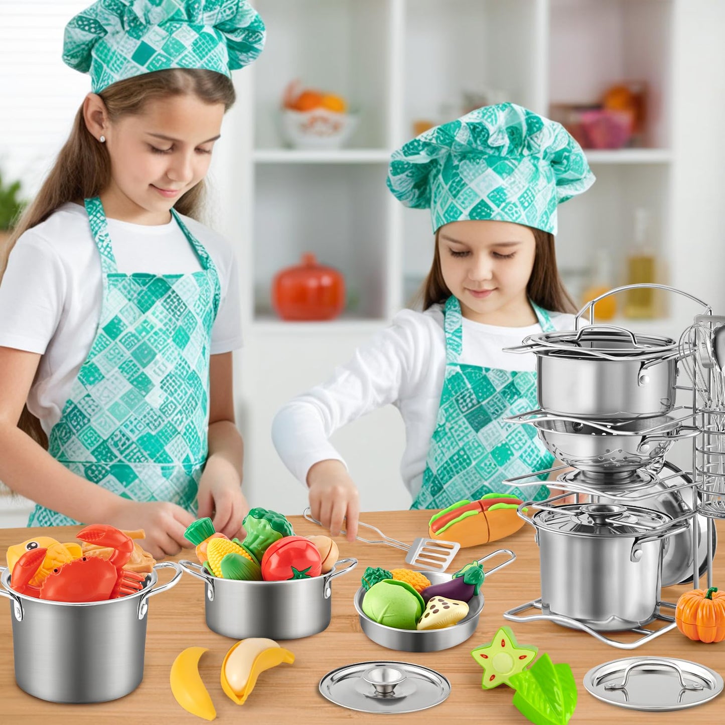 TikOnsYol 12Pcs Kids Kitchen Pots & Pans Set – Stainless Steel Pretend Play