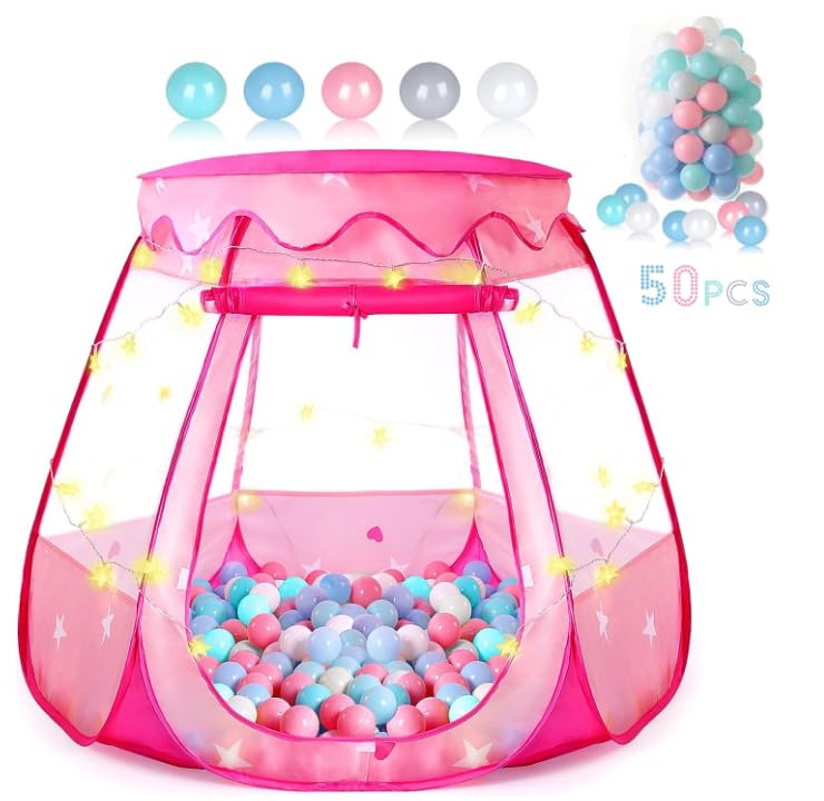TIKTENT Baby Ball Pit & Pop Up Princess Tent – 50 Balls, Star Lights, Indoor/Outdoor Play for Toddlers