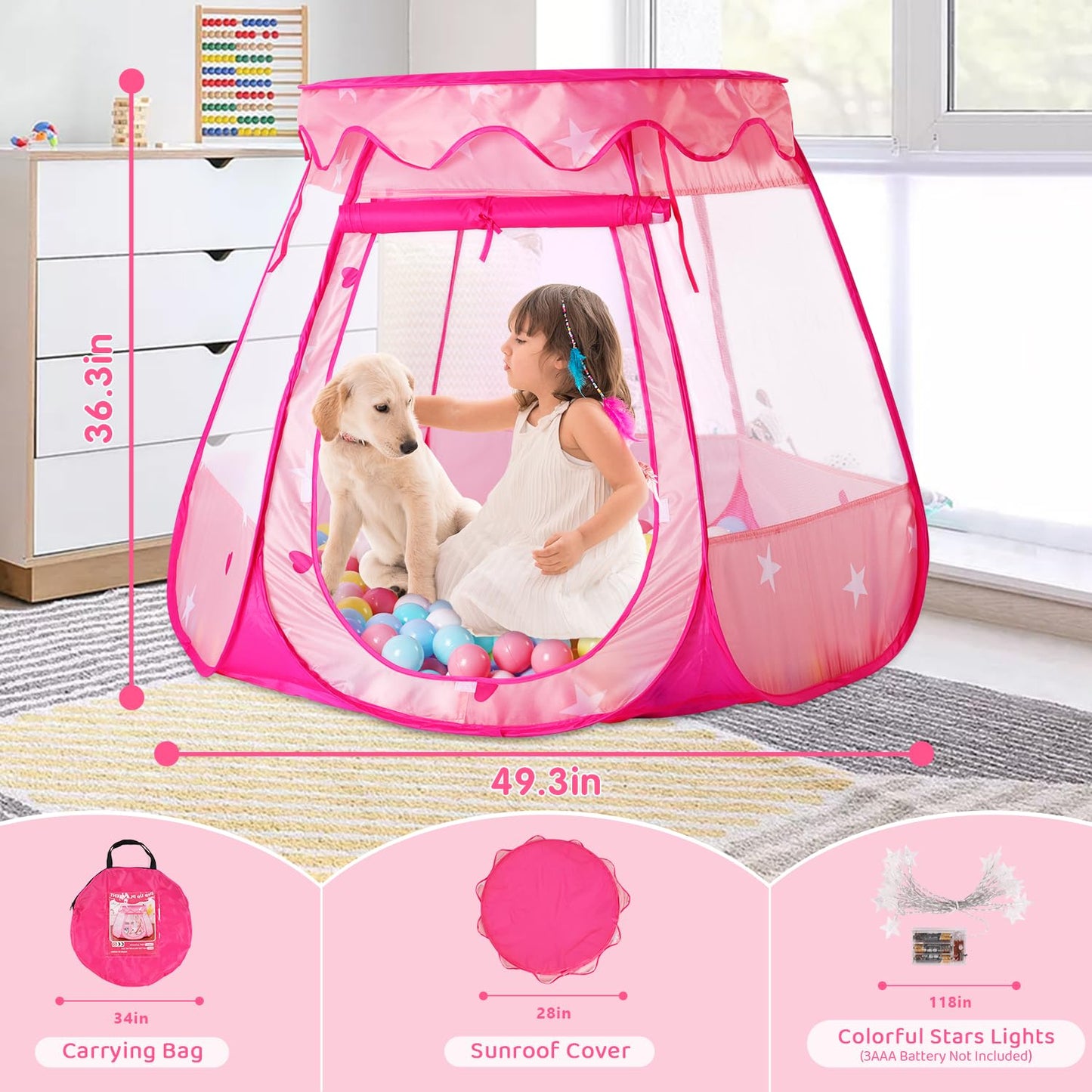 TIKTENT Pop Up Princess Tent with Colorful Star Lights — Indoor/Outdoor Play Tent for 1-3 Year Old Girls