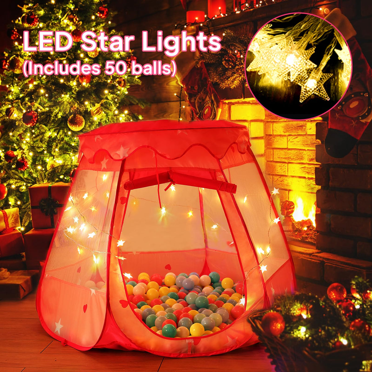 TIKTENT Baby Ball Pit & Pop Up Princess Tent – 50 Balls, Star Lights, Indoor/Outdoor Play for Toddlers