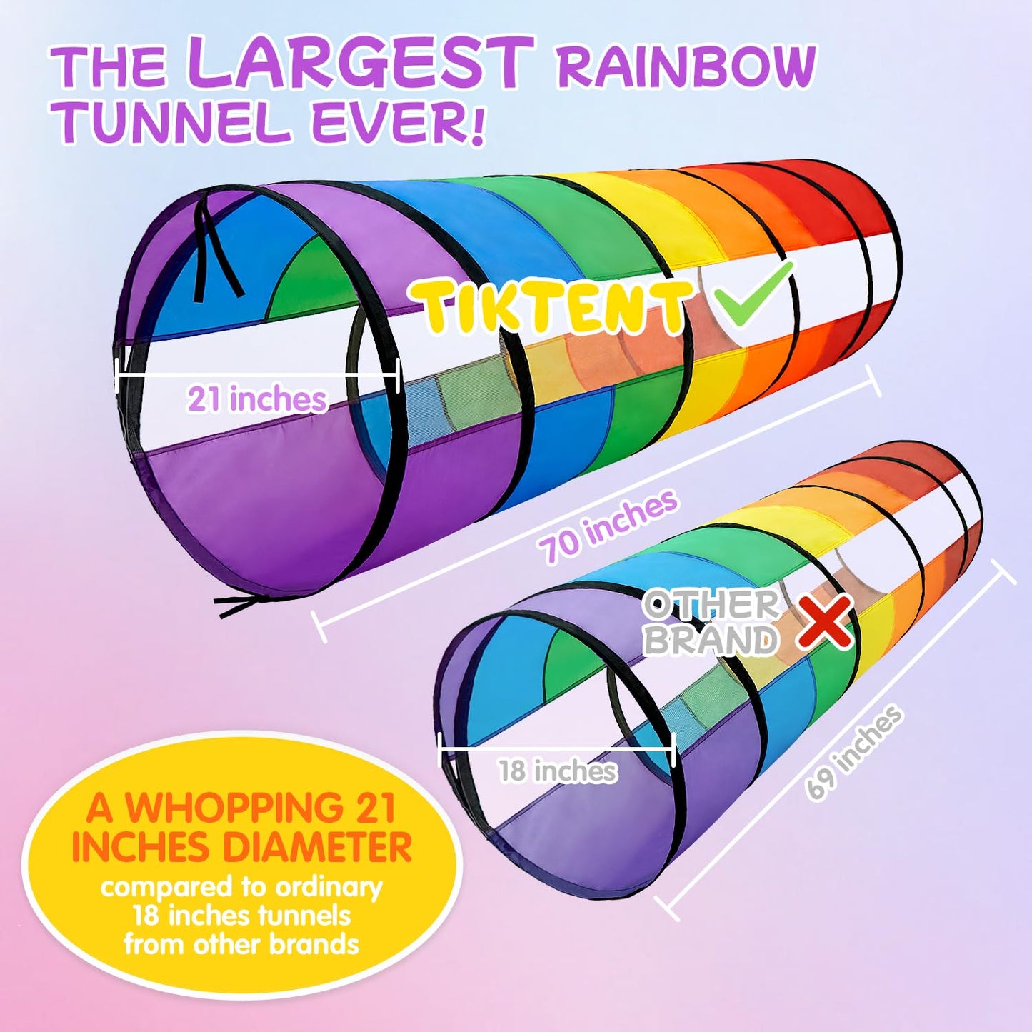 TIKTENT Kids Play Tunnel - 21-Inch Rainbow Pop-Up Indoor/Outdoor Tunnel for Toddlers, Babies & Pets