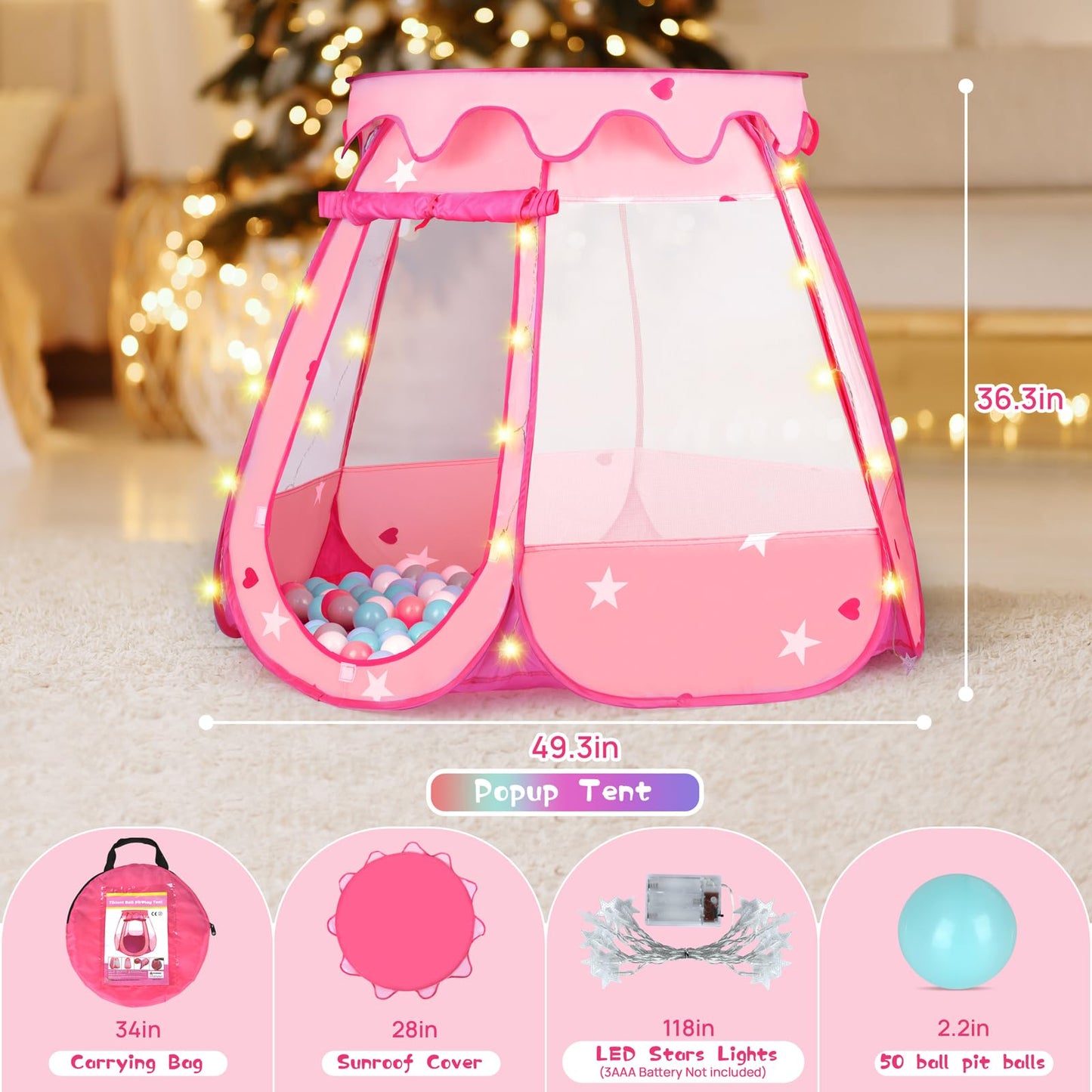 TIKTENT Baby Ball Pit & Pop Up Princess Tent – 50 Balls, Star Lights, Indoor/Outdoor Play for Toddlers