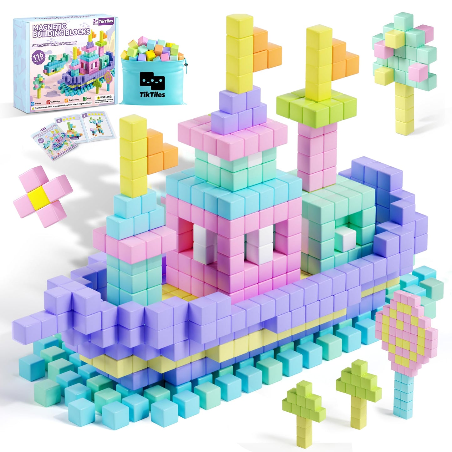 TikTiles 116PCS Magnetic Blocks with Eyes – STEM Building Toy for Kids 3-8 (Macaron Color)