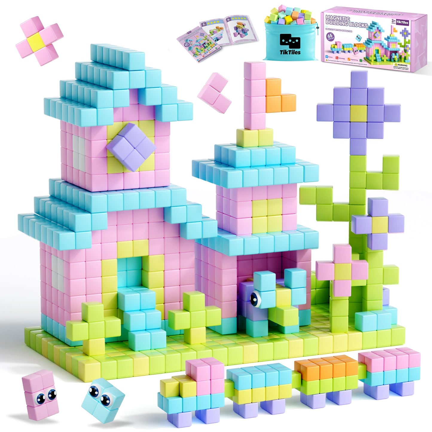 TikTiles 65-Piece Magnetic Blocks with Eyes – STEM Building Toy for Kids 3-8 (Macaron Colors)