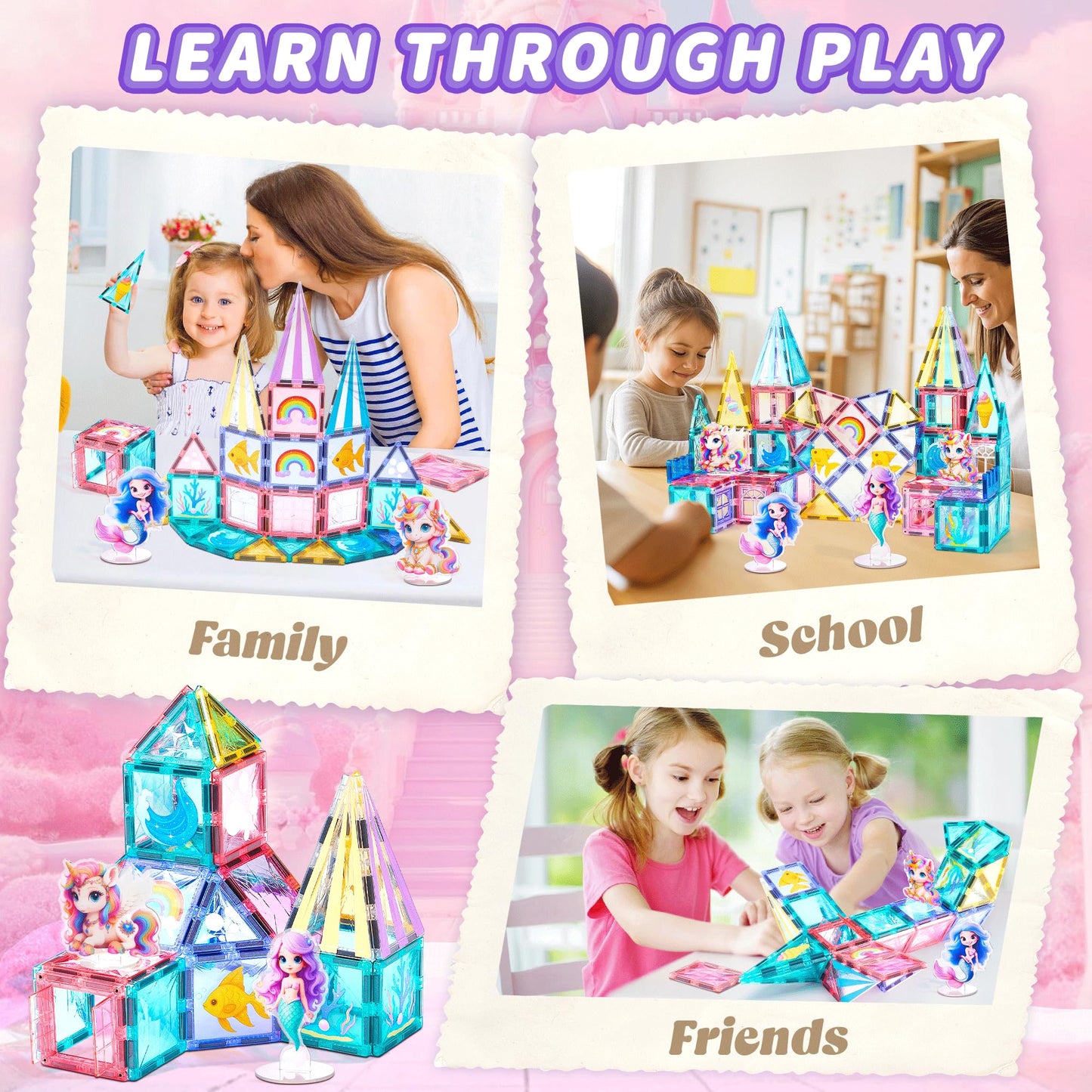 TikTiles Unicorn Magnetic Tiles Set — 88 Pieces with 4 Dolls (Ages 3-8)