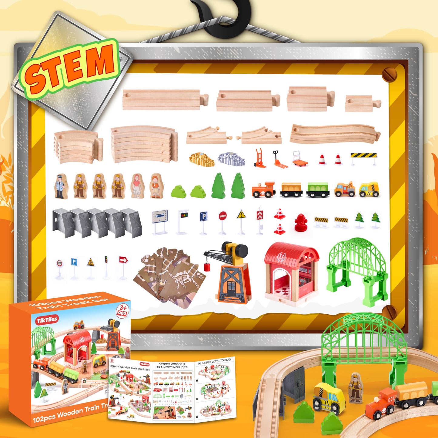 TikTiles Wooden Train Set 102-Piece – Double-Sided Tracks & Magnetic Crane