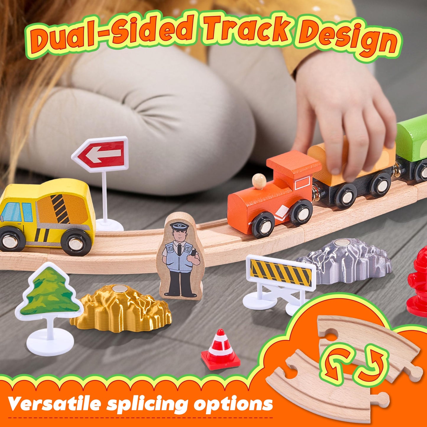TikTiles Wooden Train Set 102-Piece – Double-Sided Tracks & Magnetic Crane