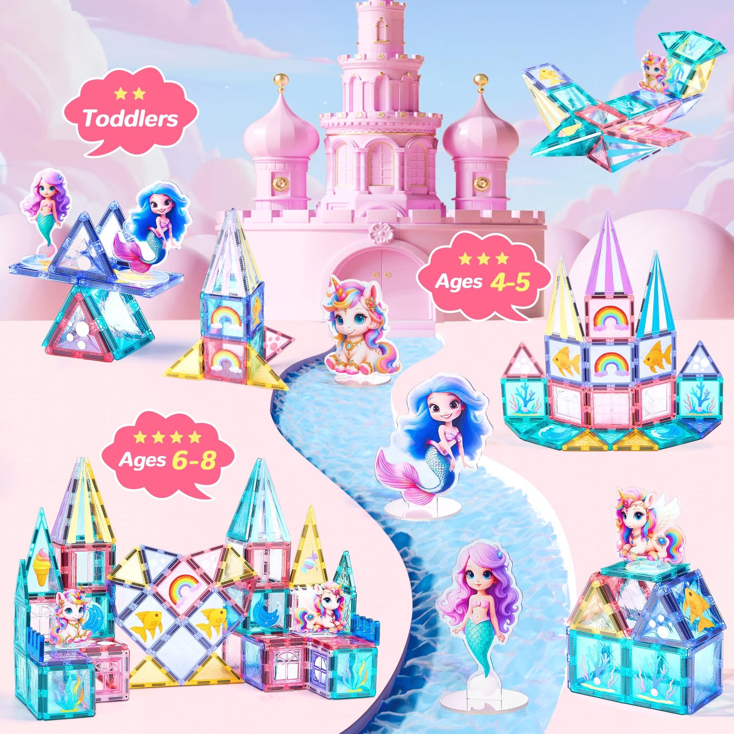 TikTiles Unicorn Magnetic Tiles Set — 88 Pieces with 4 Dolls (Ages 3-8)