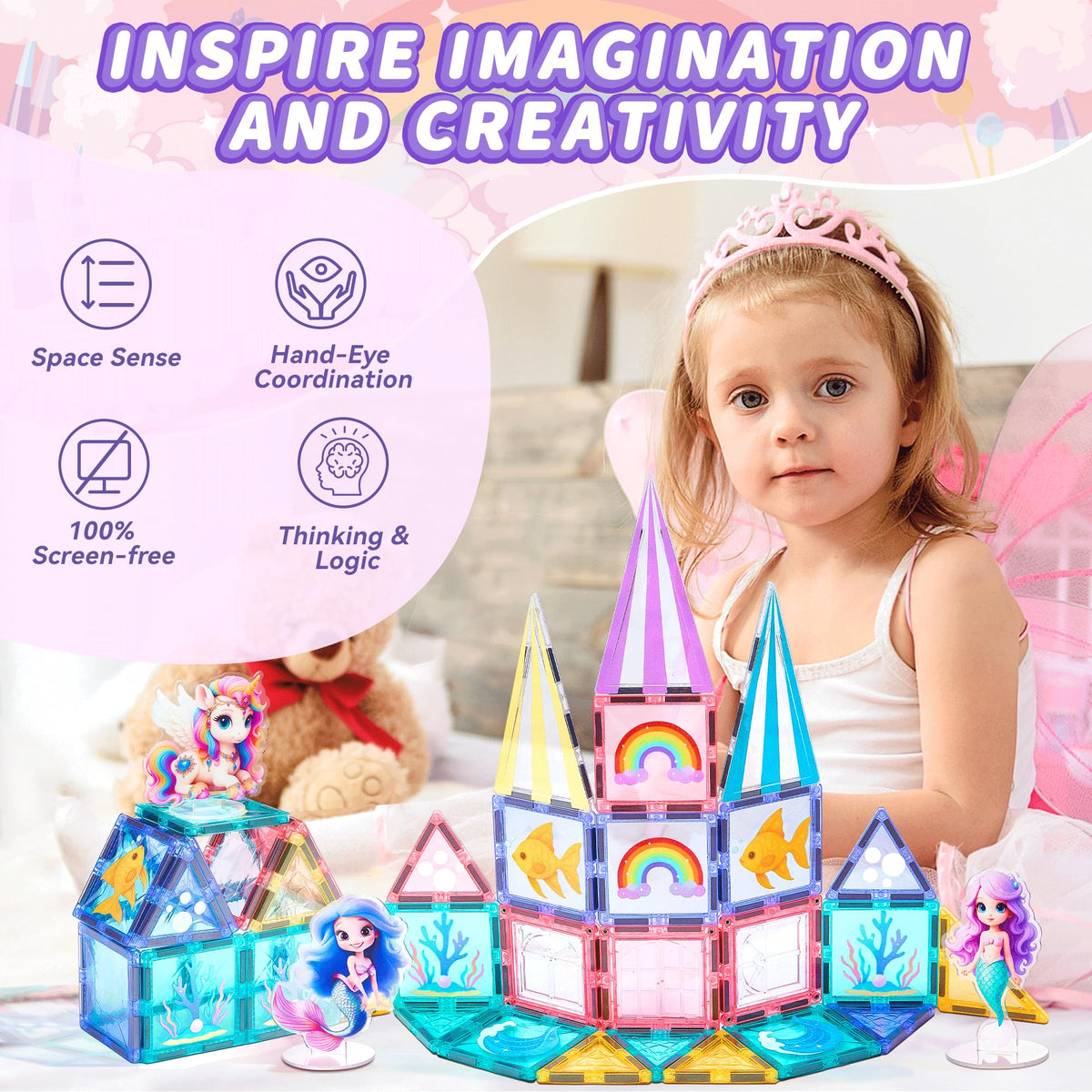 TikTiles Unicorn Magnetic Tiles Set — 88 Pieces with 4 Dolls (Ages 3-8)